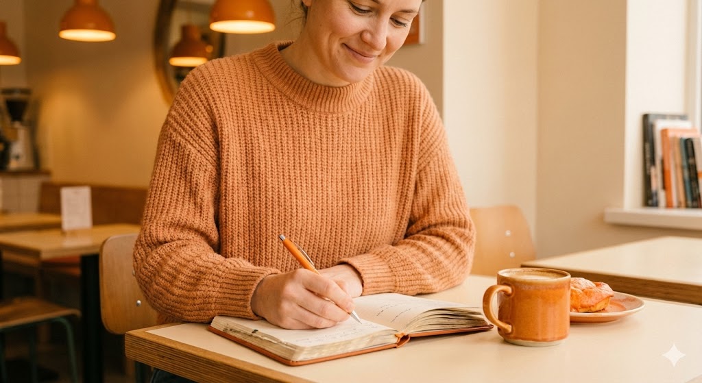 カフェで手帳を開き、何かを書き留めながら微笑んでいる人物の写真。
