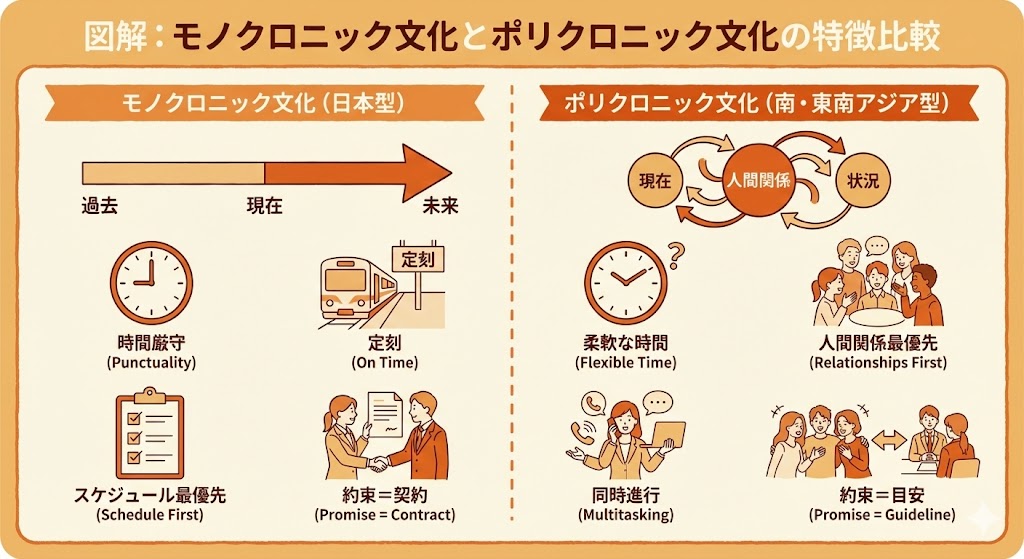 モノクロニック文化とポリクロニック文化の特徴比較図