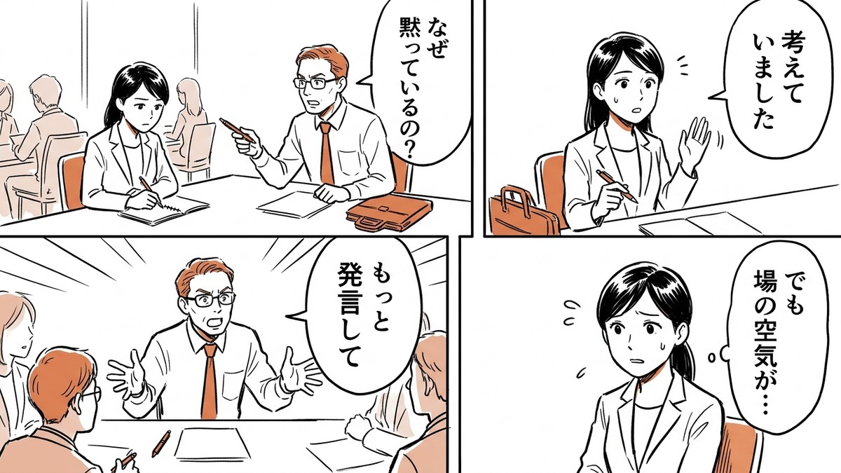 A 4-panel comic about misunderstandings surrounding silence in meetings