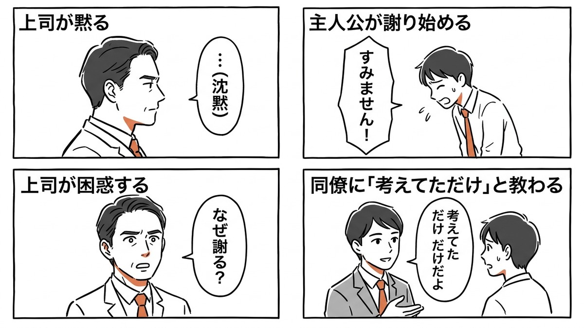 A four-panel comic about misreading my boss's silence