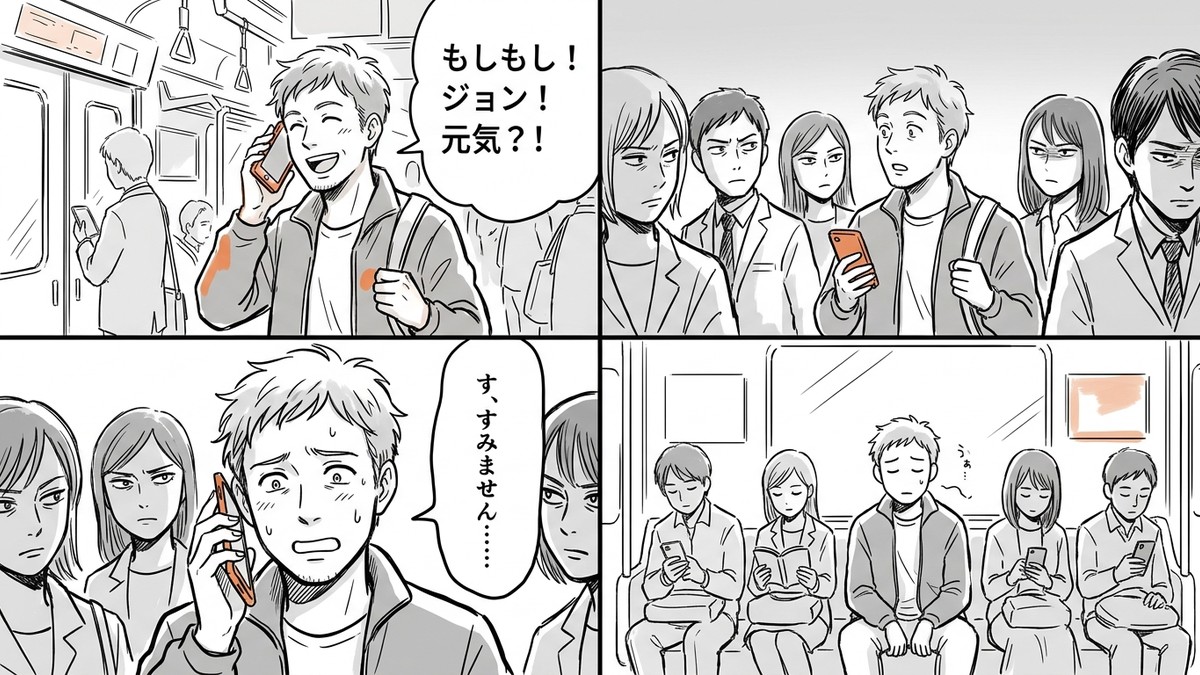 外国人が電車内で通話して気づく4コマ漫画