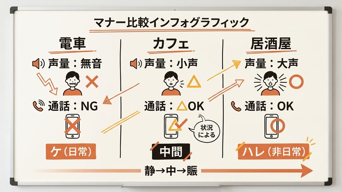 電車・カフェ・居酒屋のマナー比較図
