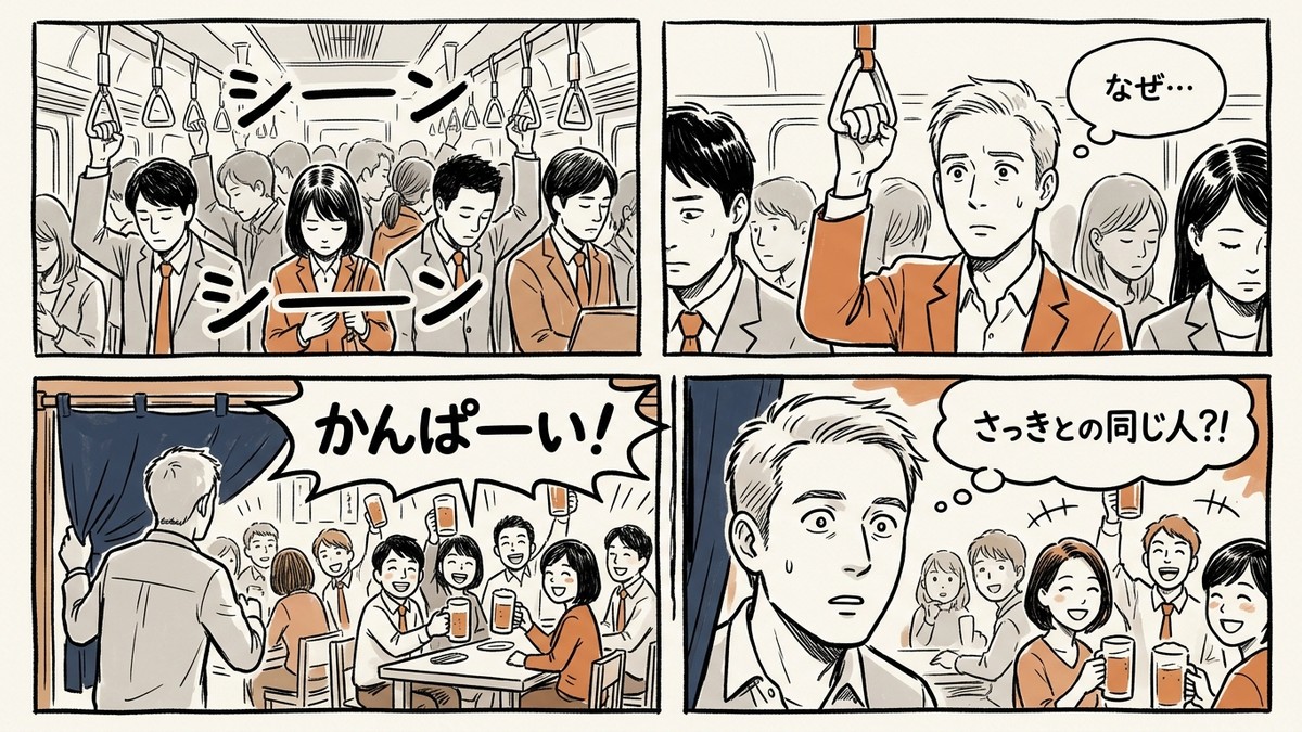 帰宅電車から居酒屋へのハレとケの切り替えを描く4コマ漫画