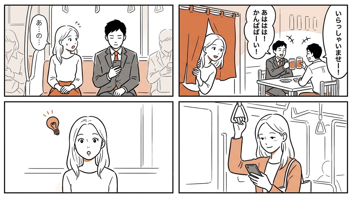 電車と居酒屋で気づきを得る外国人の4コマ漫画