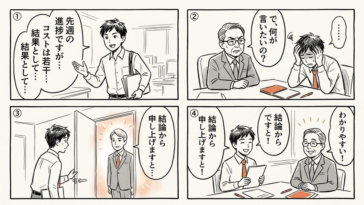 報告の失敗から発見へ至る4コマ漫画