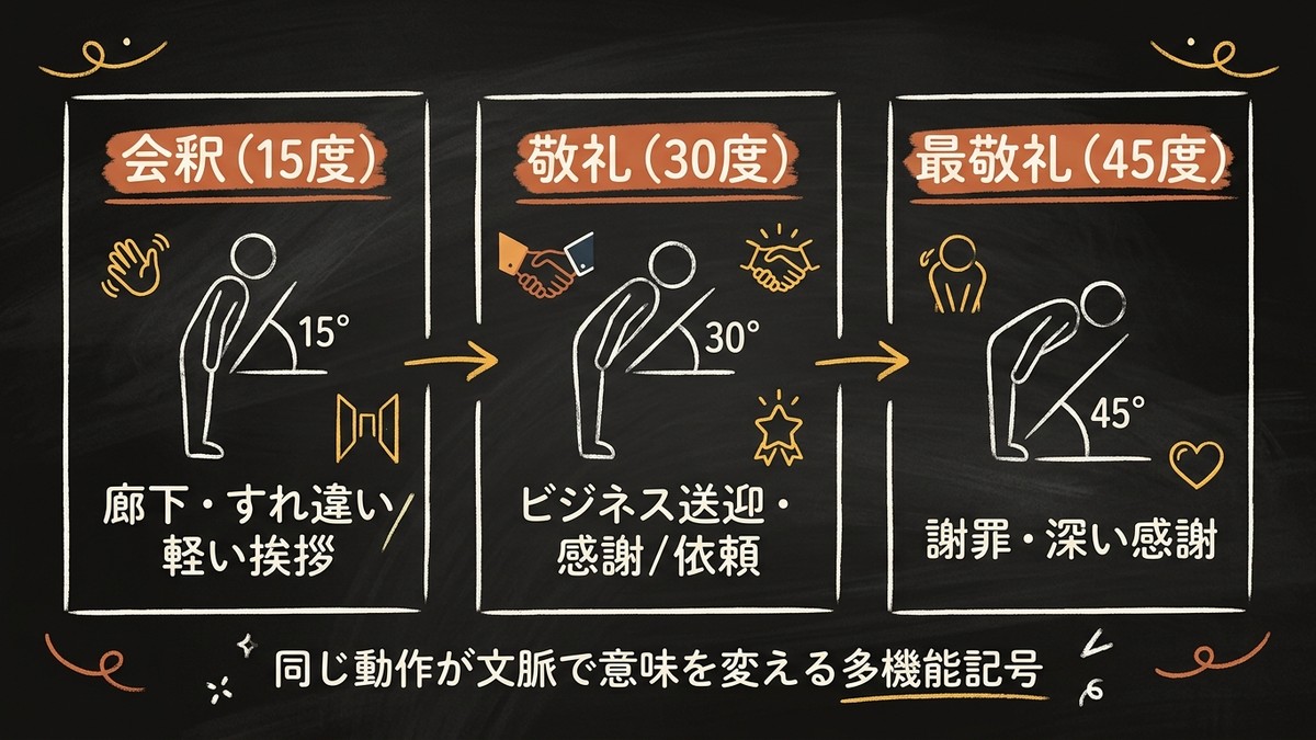お辞儀の角度と発話行為の対応図